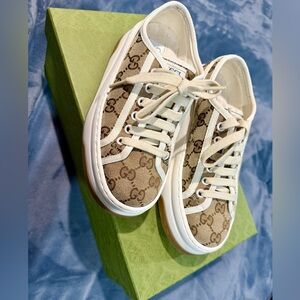 Gucci Beige and White Monogram Shoes